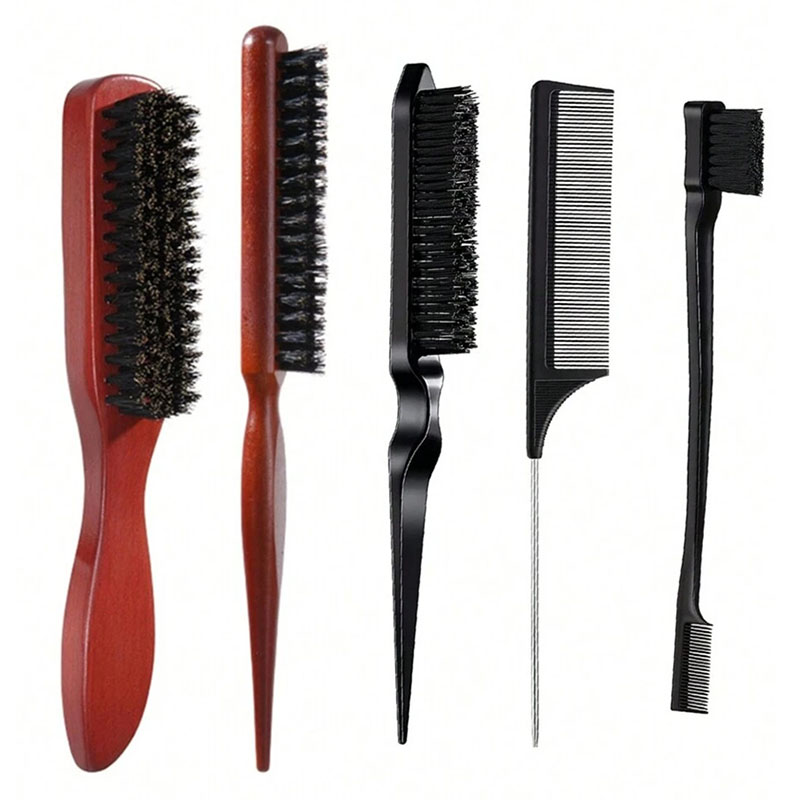 5pcs Boar Bristle Hair Brush Comb Set Edge Control Brush Teasing Combs Beard Shaving Brushes For Smooth Hair Parting Flyaways
