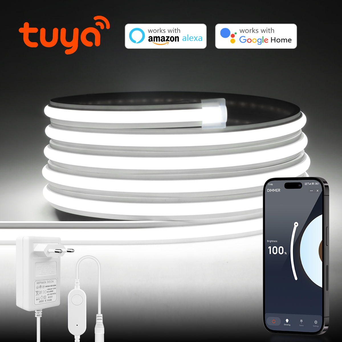 Silicone Neon LED Strip Light 24V Tuya Smart WiFi APP Control Self-Adhesive Bright Wall Tape for Alexa Assistant Home