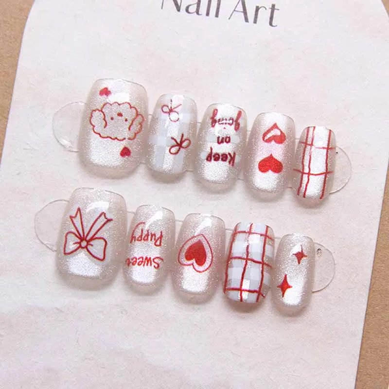 10 Pcs Women Full-size Handmade Cat Eye Press On Nails Cute Detachable Nail Patches Nails False Short T Square Head