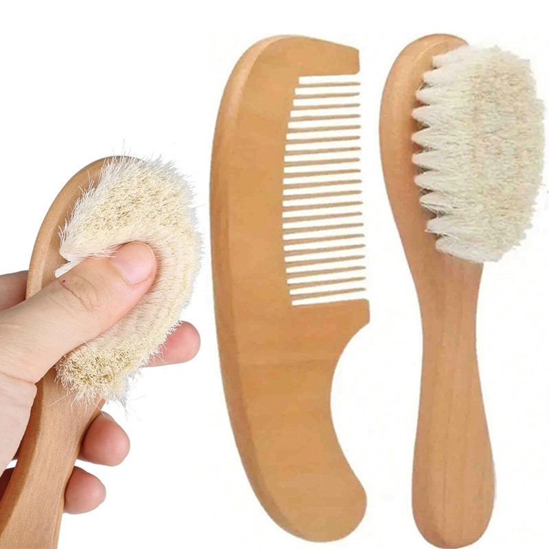 Soft Wool Baby Comb Set 2pcs Beech Wood Hair Brush Newborn Massager Baby Care Soothing Shower
