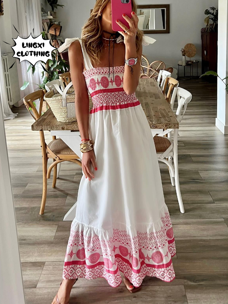 2024 Summer Fashionable Women's New Stripe Style Fresh and Sweet Lace Up Big Display Print Holiday Style Long Dress