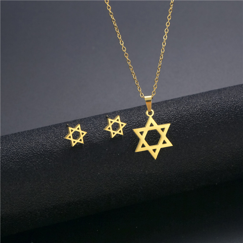Star of David Pendant Necklace Earrings Set Female Gold Color Stainless Steel Cute Small Fashion Jewelry Sets for Women Girls