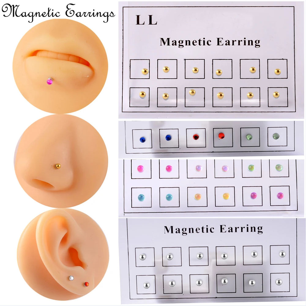 12pcs/Card Hot Magnetic Fake Piercings Nose Ring Ear Tragus Cartilage Stud Magnet Earring Lip Labret Stud
