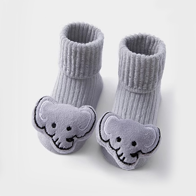 Baby Floor Socks Cotton Warm Soft Cozy Cute Cartoon Elephant Pattern Infant Girls Boys Non-Slip Socks 0-6M White Winter Autumn