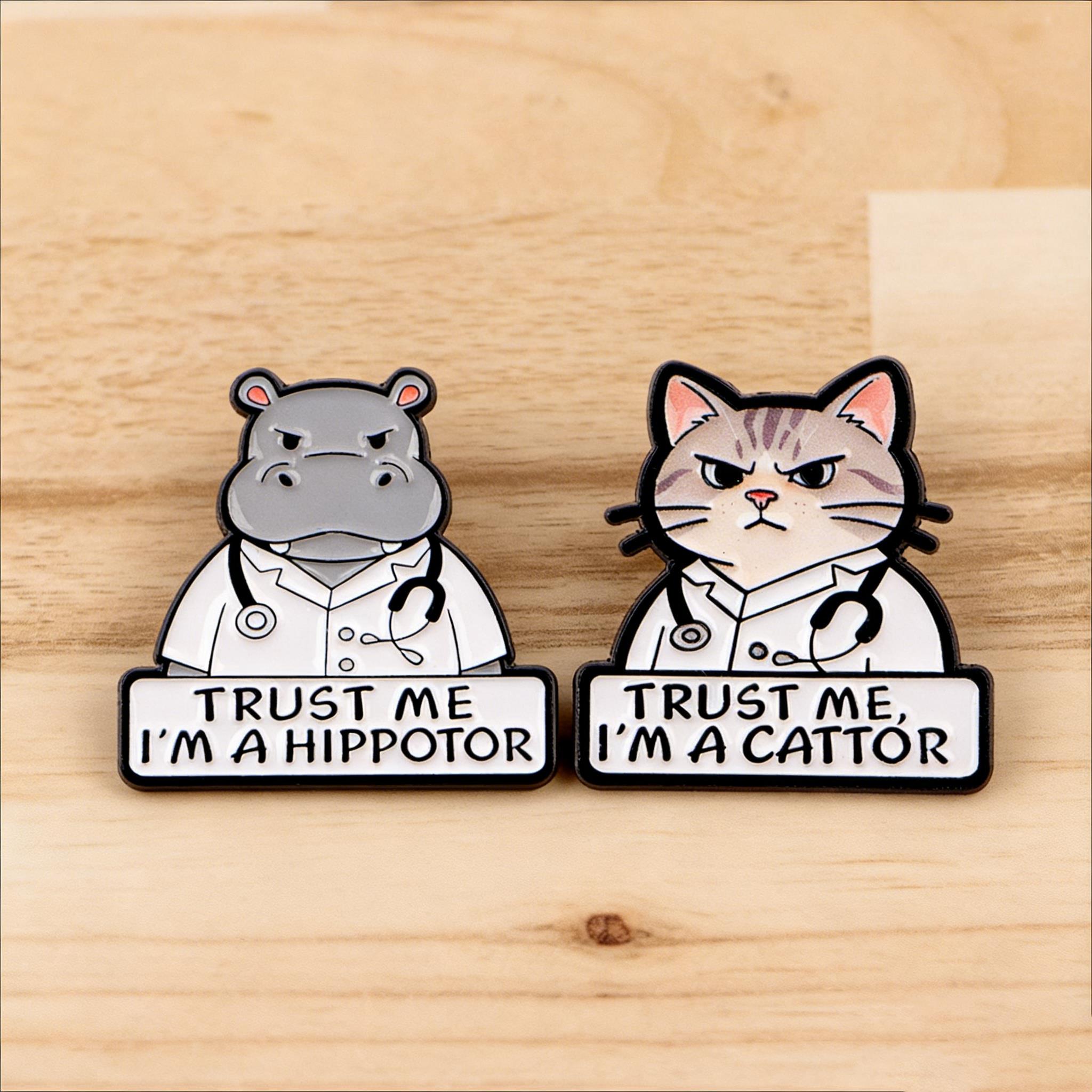 2pcs Humorous "Trust Me I'm A Cattor" Animal Doctor Enamel Pin Funny Veterinarian Brooch Set Hippo Badge Medical Jewelry Gifts