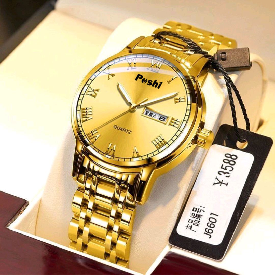Poshi Luxury Gold-Tone Men’s Quartz Watch with Matching Metallic Link Bracelet