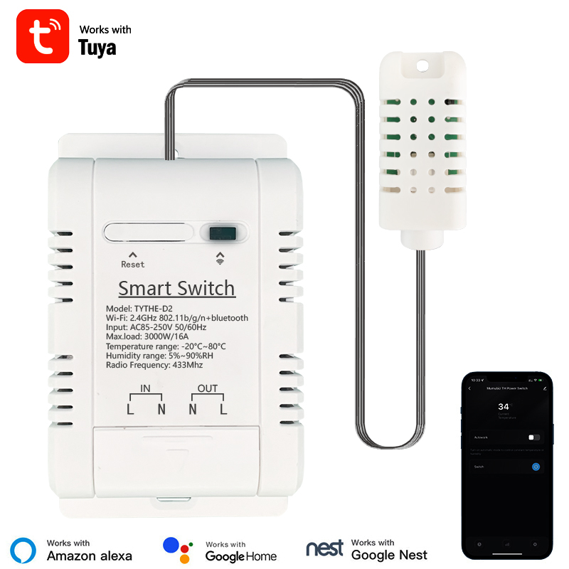 3000W Tuya WiFi Switch with Power Monitor and Temperature Humidity Sensor for Smart Control via Alexa and Home