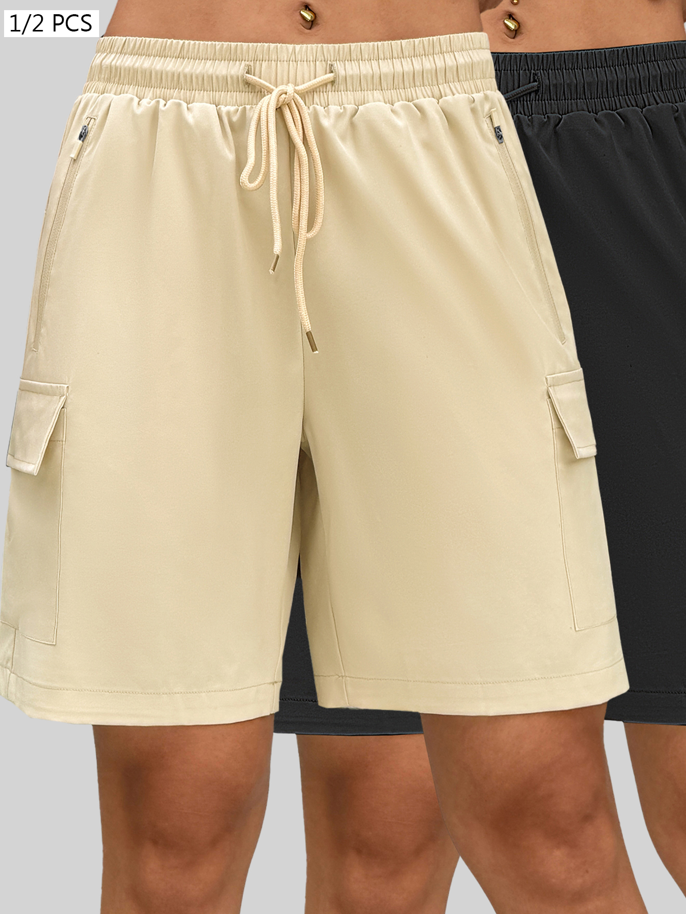 1/2 PCS Loose Women Shorts with 2 Flap Pockets Adjustable Drawstring Cargo Short Outdoor Quick Dry Lightweight Shorts