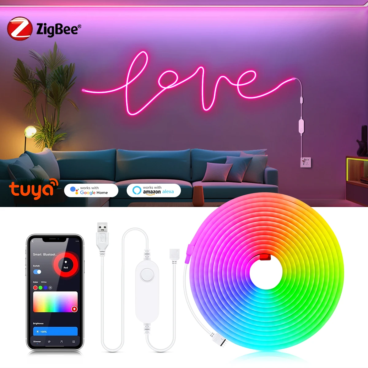 DC5V USB Zigbee3.0 RGB Soft Neon LED Strip Tuya Zigbee Ambilight Backlight Flexible Tape Room Decor Smart Voice for Alexa