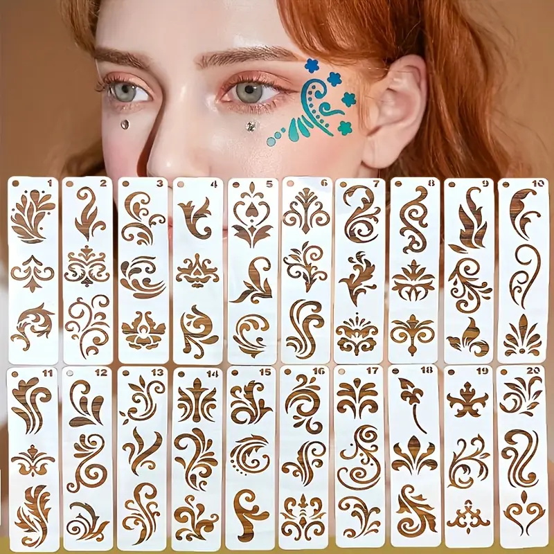 20Pcs Reusable Vintage Floral Eyebrow Templates Simple PET templates With Exquisite Swirls For Stage And Hanfu Appearance