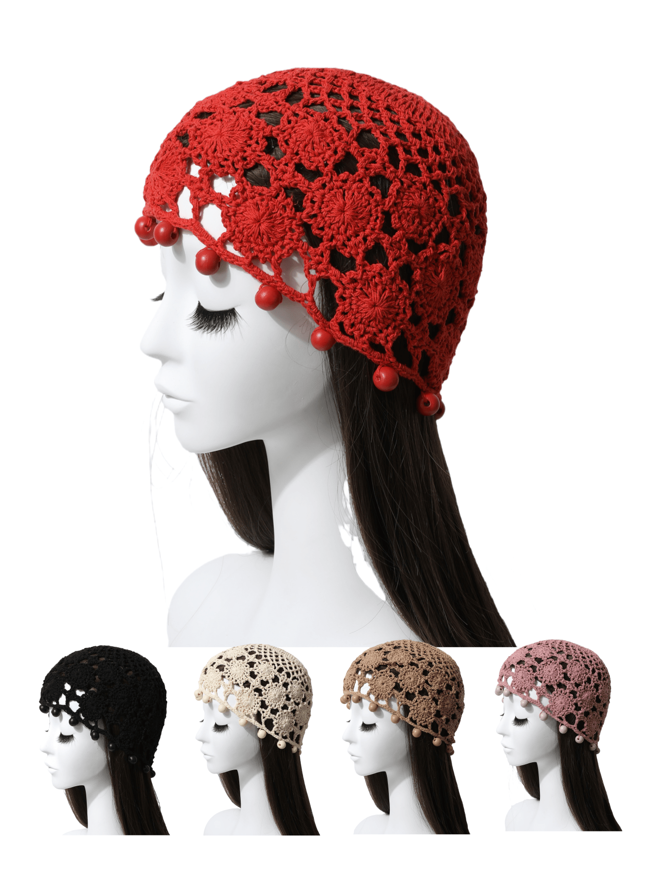 1pc Women's Fashionable Handmade Beaded Crochet Hollow Brimless Cap, Vintage Exotic Thin Knitted Headwrap For Spring/Summer