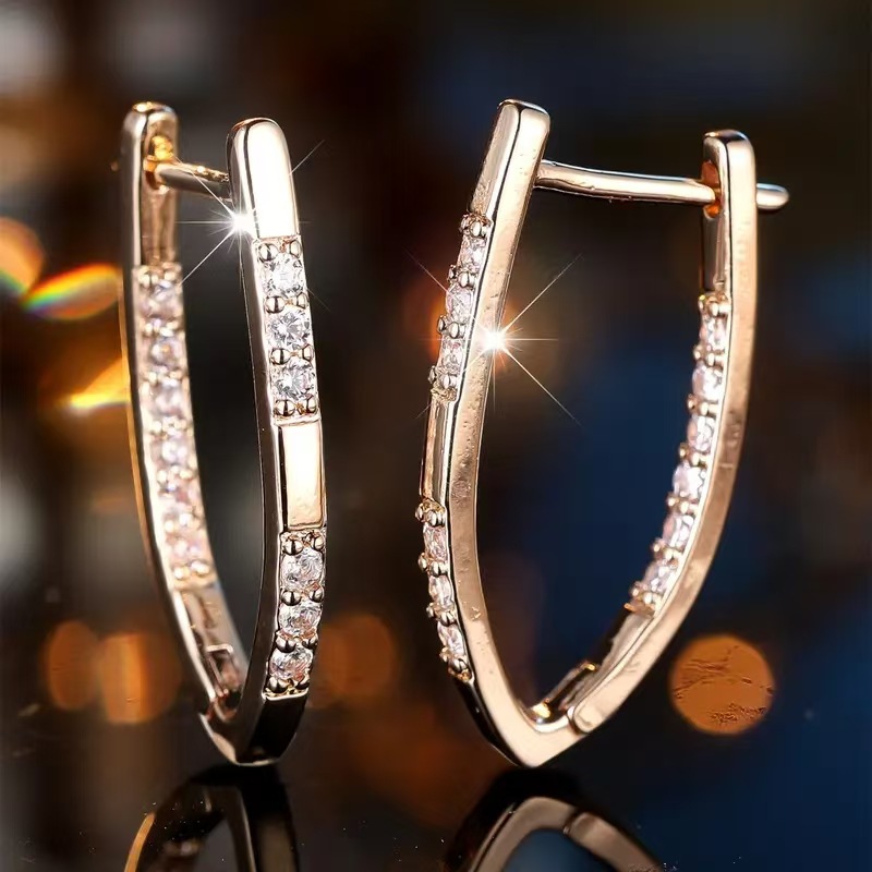 1pair Luxurious V-shaped Dangle Earring for Women Vintage Micro Inlaid Zircon Earrings Party Jewelry Accessory