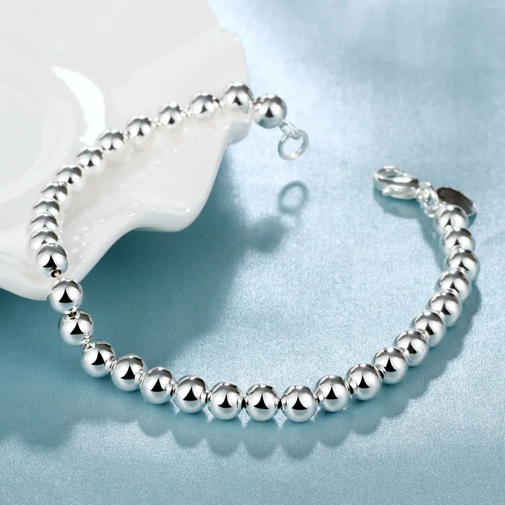 Hot fashion 4-10mm beads chain 925 Color silver Bracelet for men woman Wedding party Christmas Gifts high quality fine Jewelry