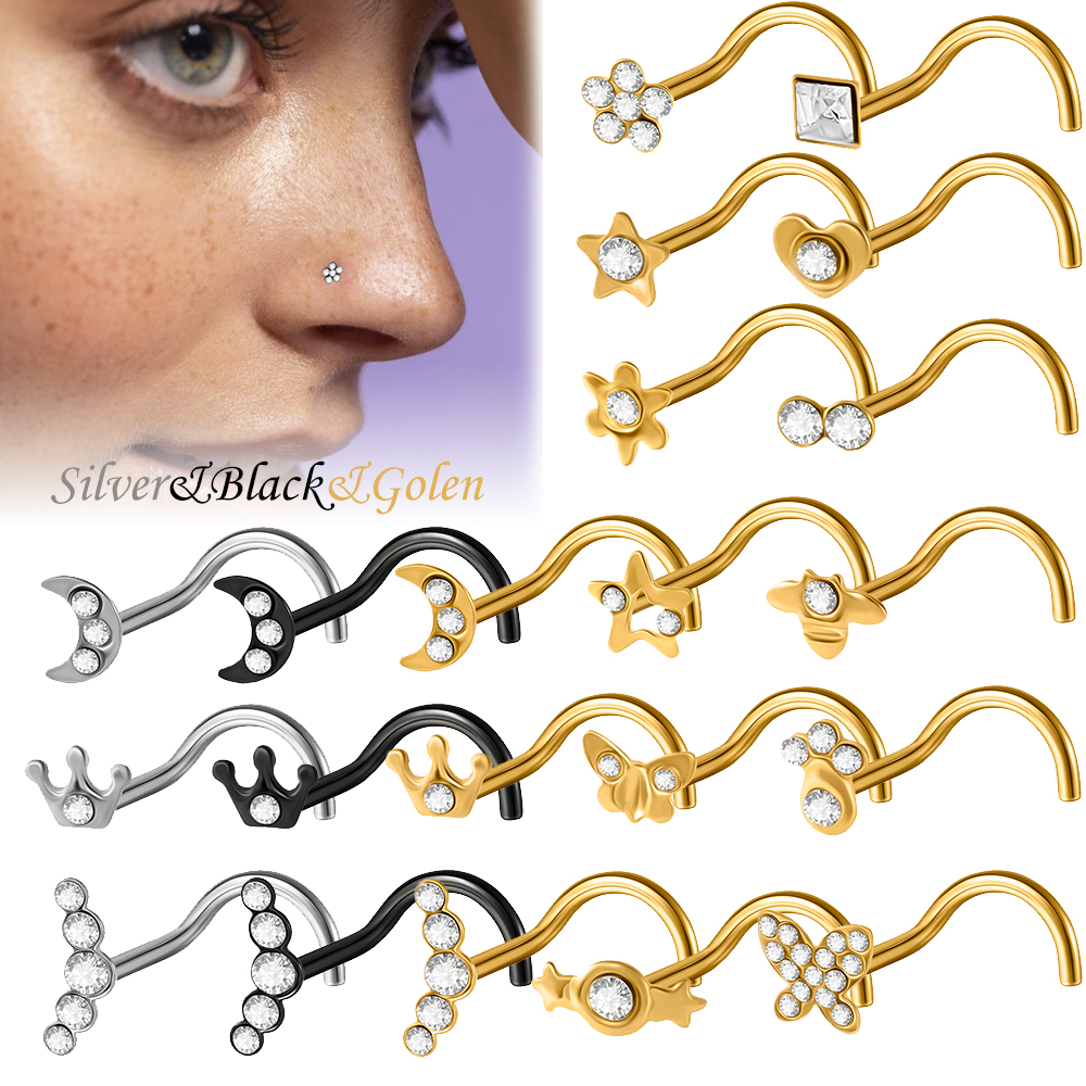 1-15PCS Surgical Steel Nose Stud Crown Heart Moon Star Flower Etc Nose Stud 20G Bent Nose Ring Cute Piercing Jewelry Unisex