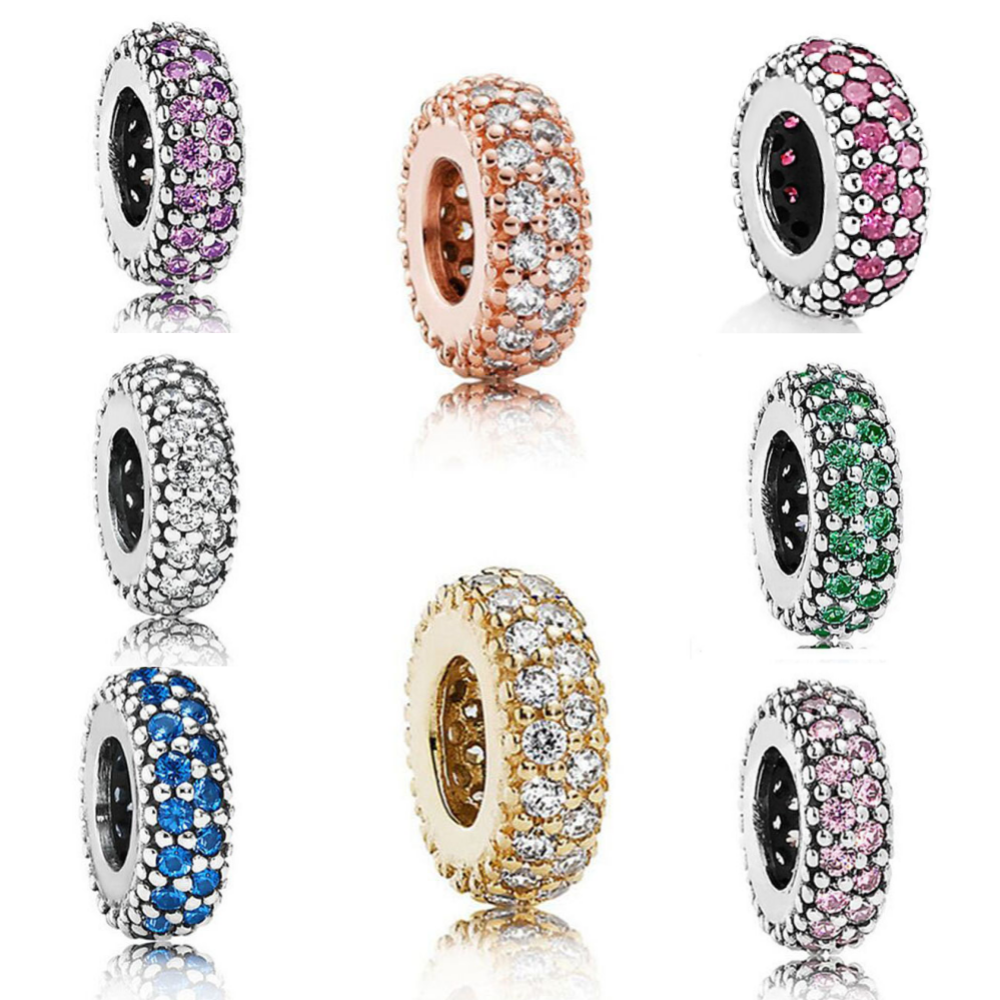 2024 Original 925 Sterling Silver Charming Fit Charming Bracelet Jewelry DIY Pink Shiny Zircon Spacer Beads