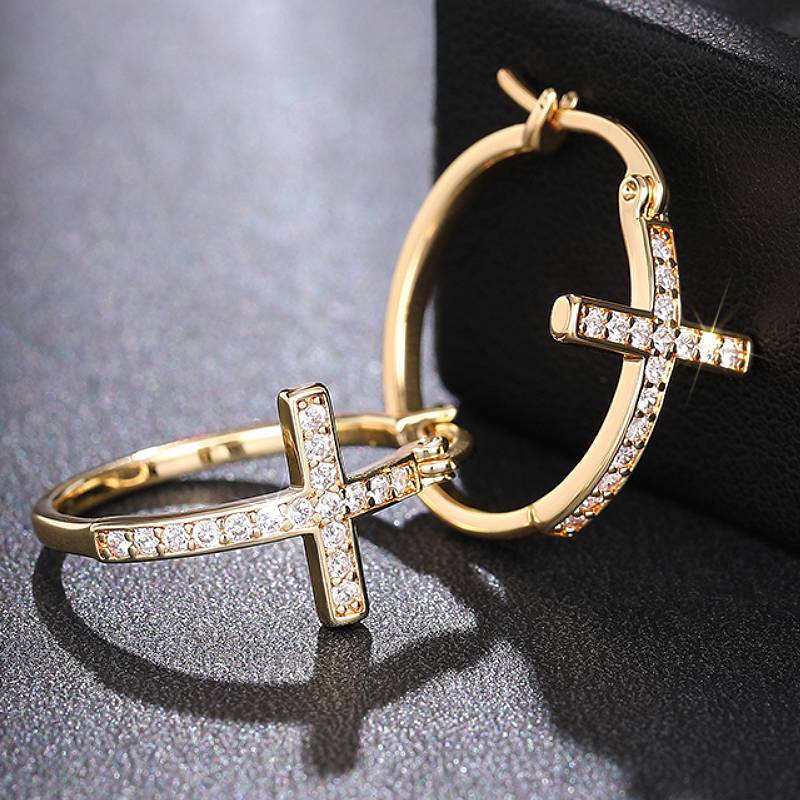Huitan Luxury Cross Design Women Drop Earrings Inlaid Shining CZ Trendy Party Daily Versatile Lady Accessories Chic Jewelry