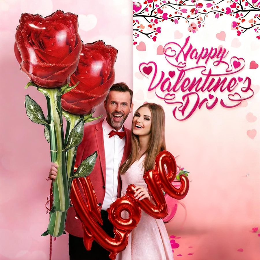 Large 132cm Rose Flower With 108cm Link LOVE Foil Balloons for Valentines Day Wedding Engagement Anniversary Romantic Party Deco