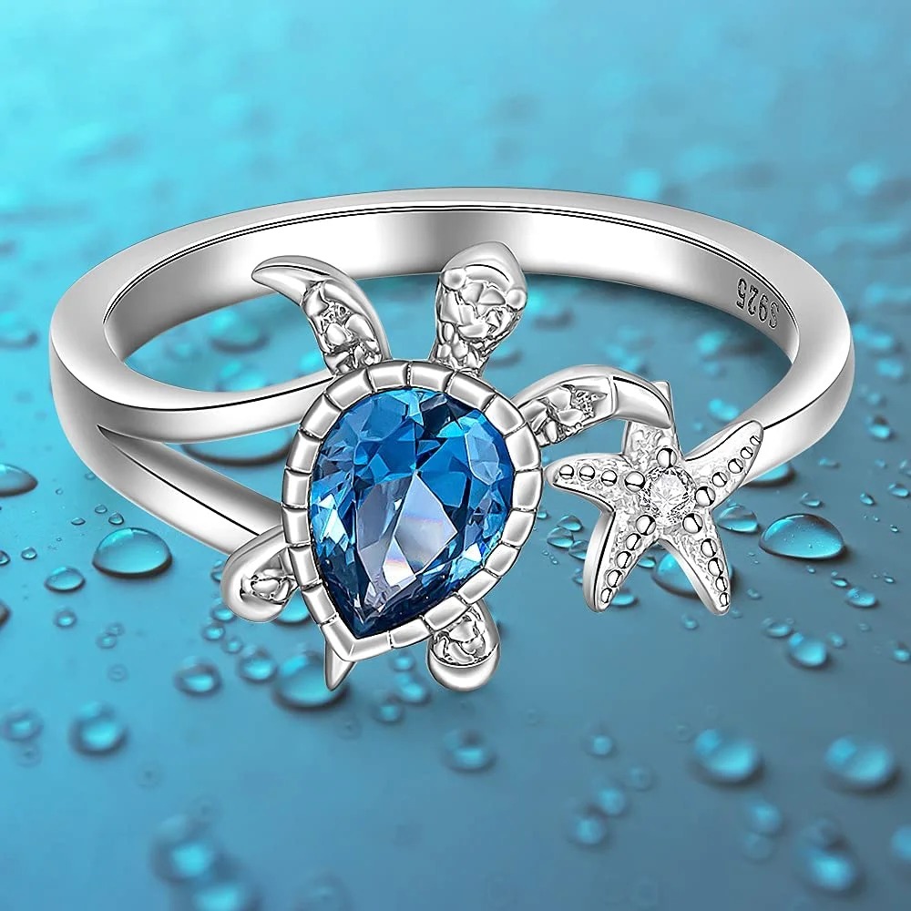 New Simple Niche Sea Turtle Starfish Ring Women's Blue Topaz Cute Ocean Animal Square Crystal Zircon Ring Party Accessories