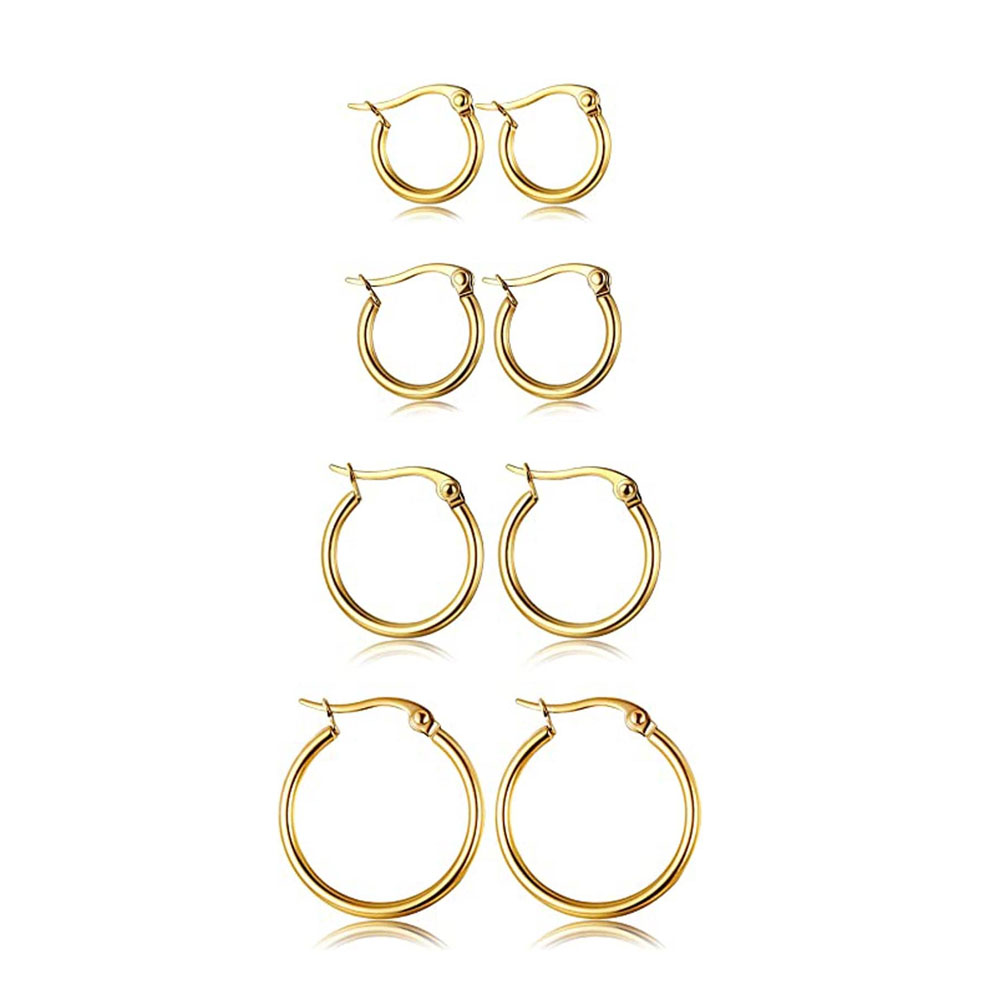 4 Pairs Silver Stainless Steel Hoop Stackable Earrings for Women, 14K Gold Plated Simple Cute Huggie Earrings for Girl
