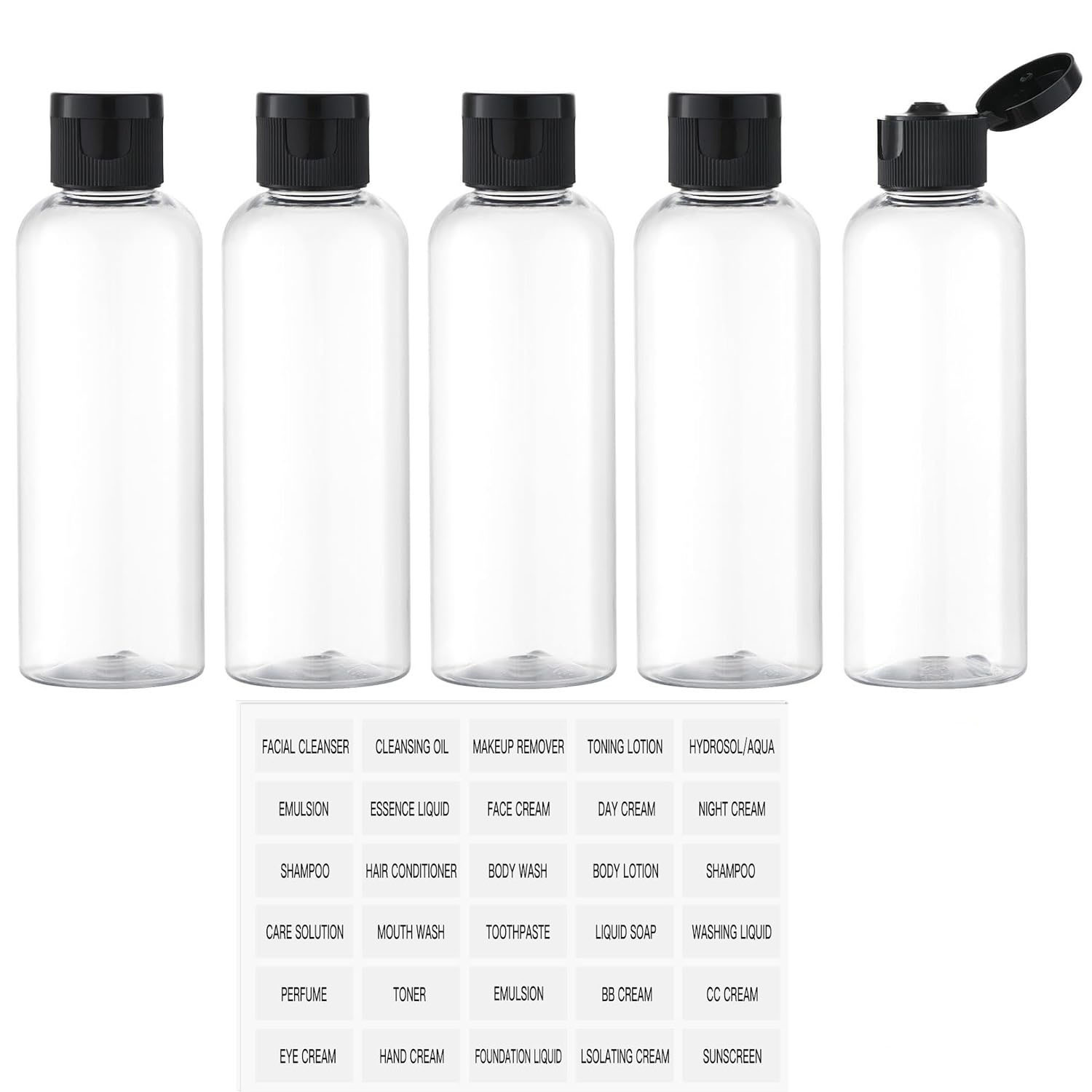 5PCS 50ML Refillable Empty Plastic Transparent Bottle with Flip Cap Portable Squeeze Shampoo Conditioner Travel Bottles