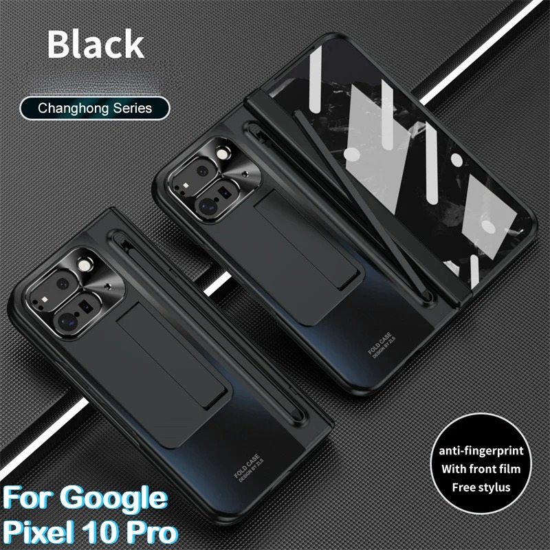 Electroplated Frosted Lens Protection Phone Case for Google Pixel 10 9 Pro Fold Folding Hinge Cover with HD Tempered Glass Film