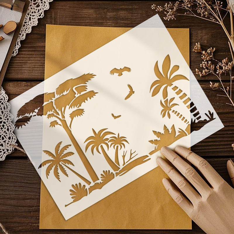 YOMDID 1pc Tropical Jungle Landscape Painting Hollow Out PET Stencil DIY Tree Pattern Graffiti Airbrush Art Decoration Template