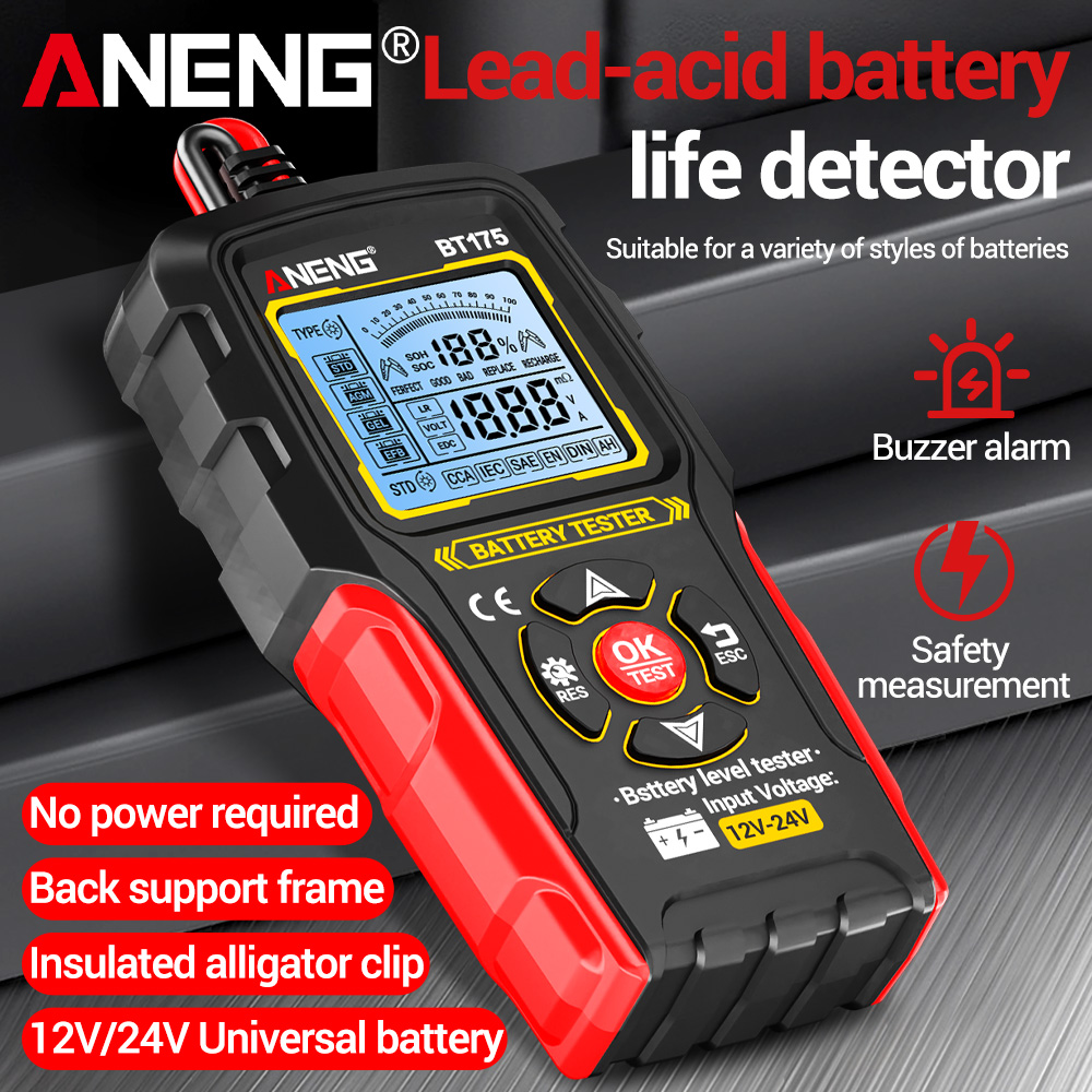 12V 24V Digital Car Battery Tester Alternator Automotive Analyzer Display Screen ANENG BT175 With Insulated Alligator Clip Tools