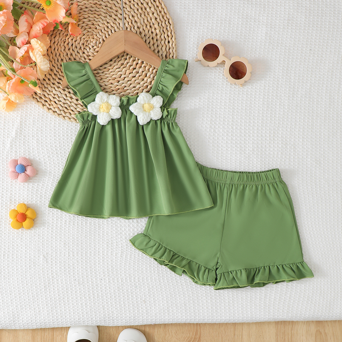 Summer Baby Girl Set with Ruffled Knitted Flower Top and Shorts Fashion Suit Suitable for Cute Female Babies Aged 0-3 Years Old