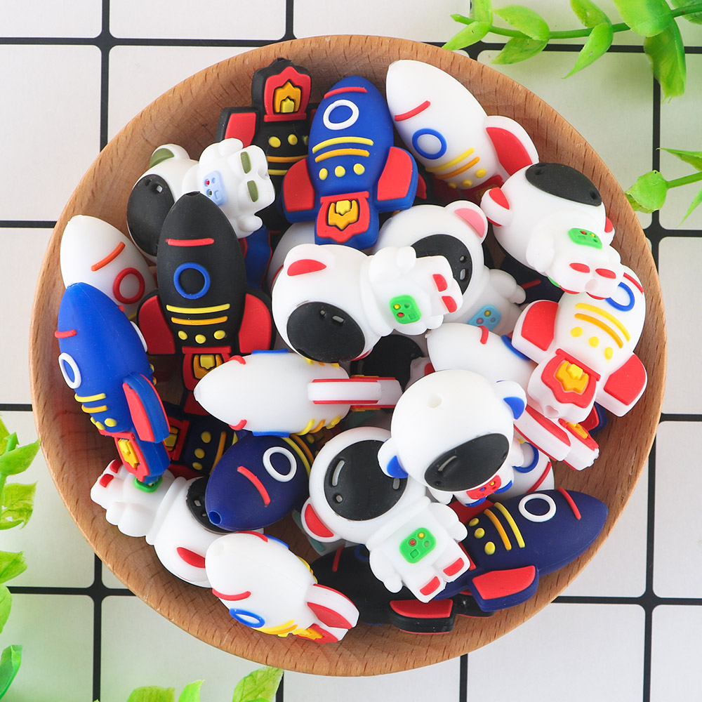 Sunrony 6Pcs New 3D Silicone Focal Beads Cartoon Astronaut Rocket Bead For Jewelry Making DIY Necklace Jewelry Accessories