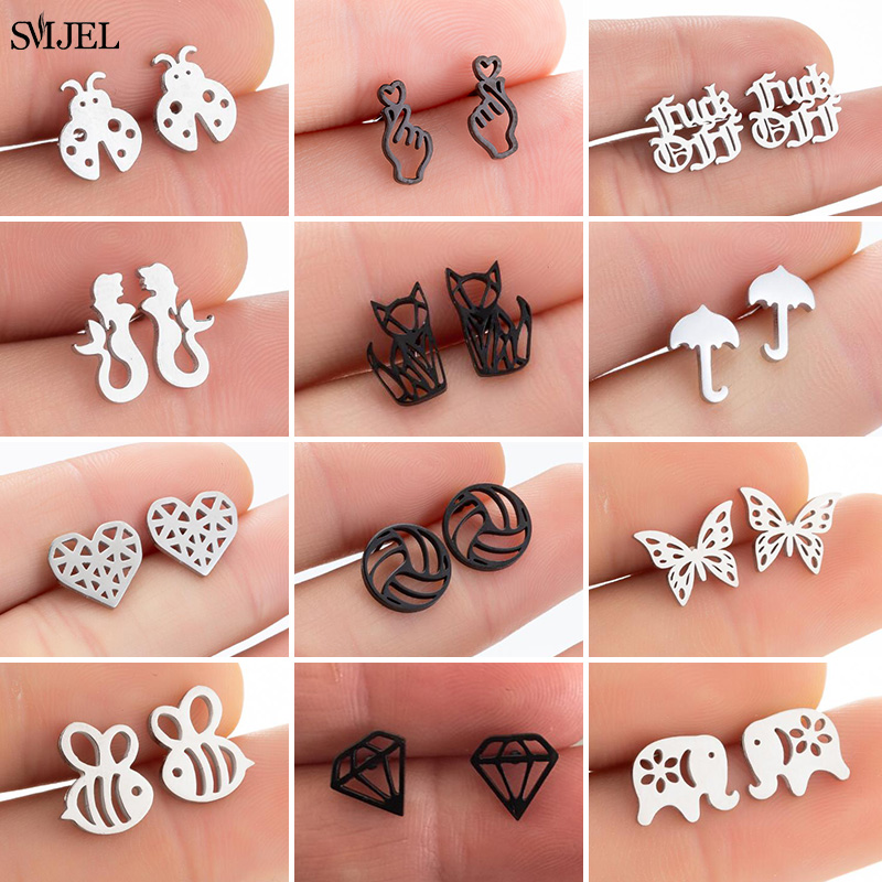 Small Stainless Steel Animal Stud Earrings for Women Men Cute Cat Hand Elephant Butterfly Earings Jewelry Bee Pendientes