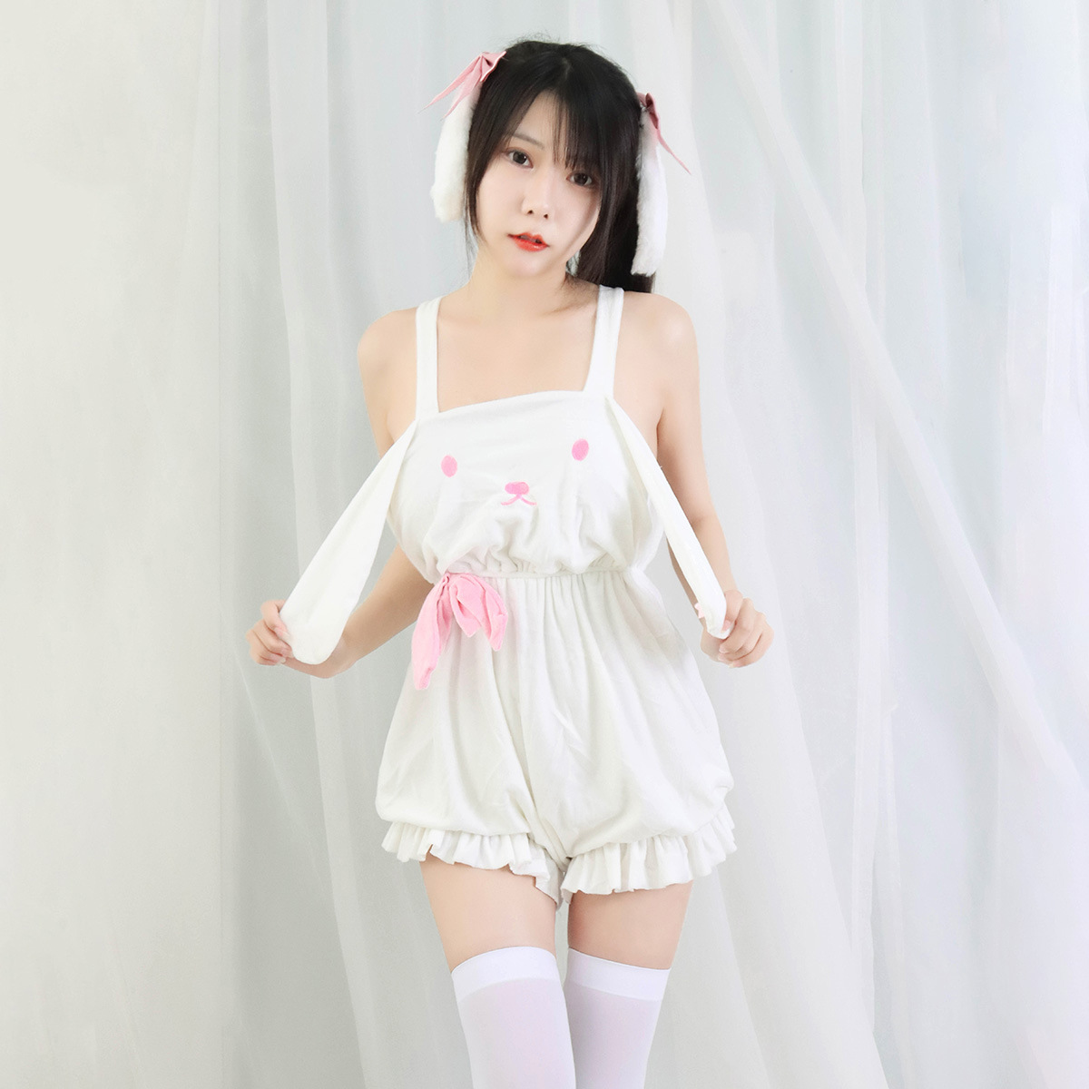 Kawaii Lolita Bunny Onesies Pajamas Women Summer Cute Bow Rabbit Pijama Girls Casual Sleepwear Nightwear Pyjamas Sweet Jumpsuit