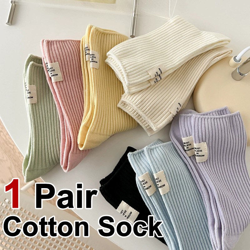1 Pair Women Lable Fabric Mid Calf Cotton Socks Japanese Korean Style Sweat Absorbing Breathable Comfortable All Season Socks