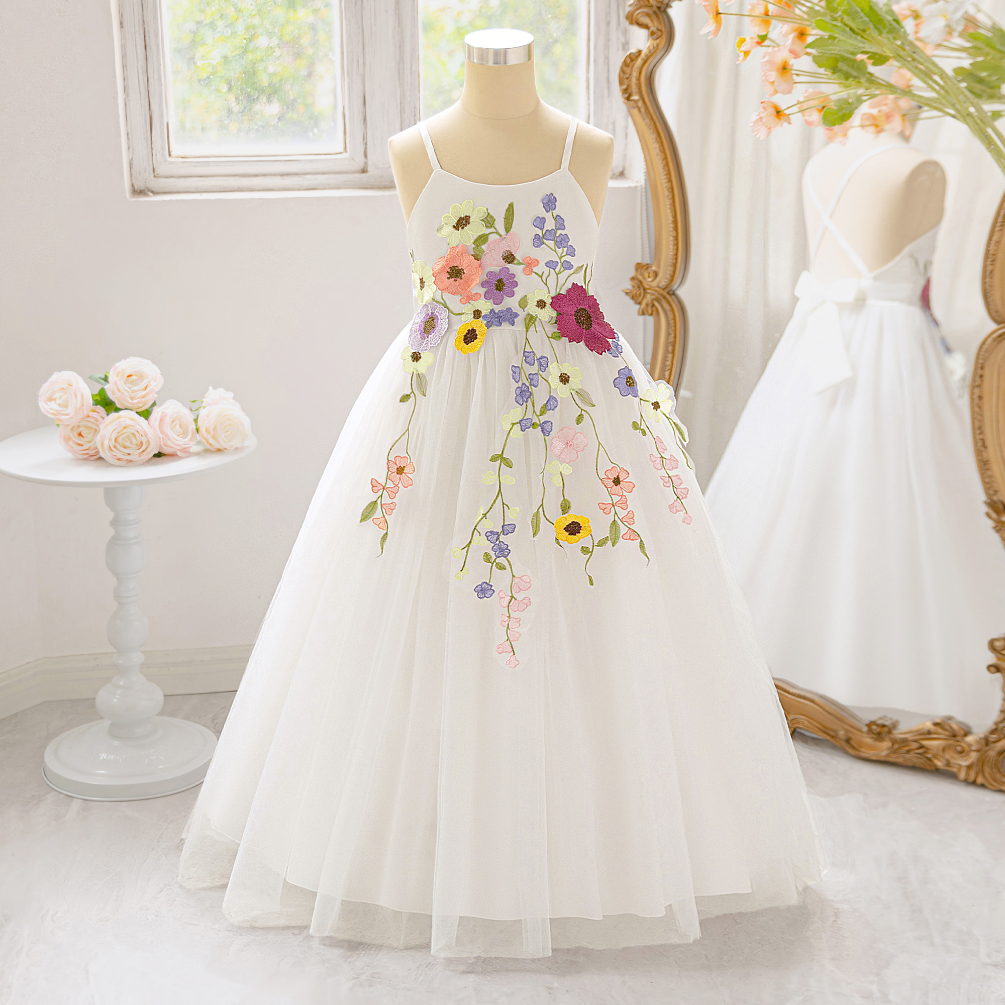 Fashion White Flower Party Prom Girls Dress Elegant Backless Bow Wedding Bridesmaid Princess Dresses Girl Birthday Prom Costumes