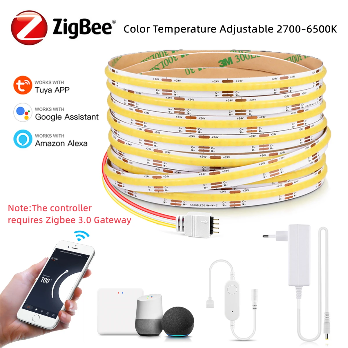 Zigbee COB LED Strip Light 24V Dimmable Color Temperature 2700K-6500K Change Cabinet Backlight Tape Works with Tuya Alexa
