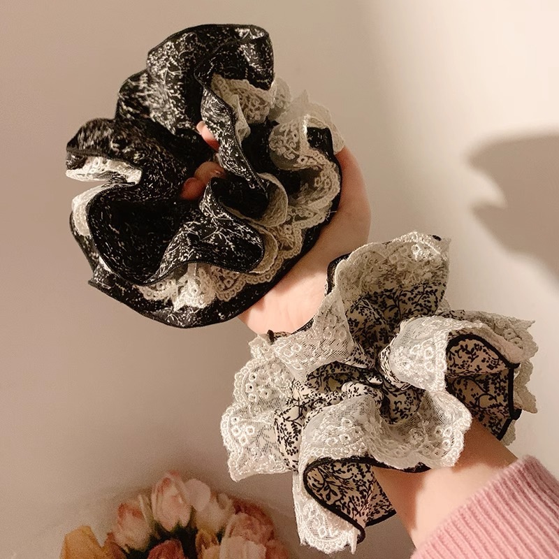 1pc Korean floral lace large intestine headband for women with a high-end feel, double layered hair accessory headband