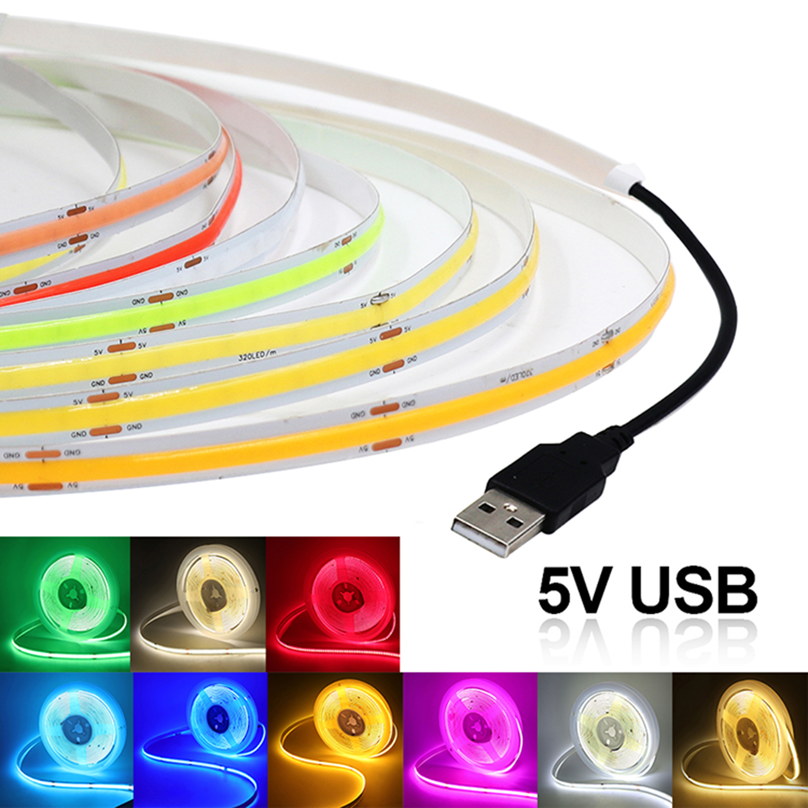 5V USB COB LED Strip Light Flexible LED Tape 320LEDs High Density Linear Light White/Warm/Natural/Red/Blue/Green/Ice/Pink/Yellow