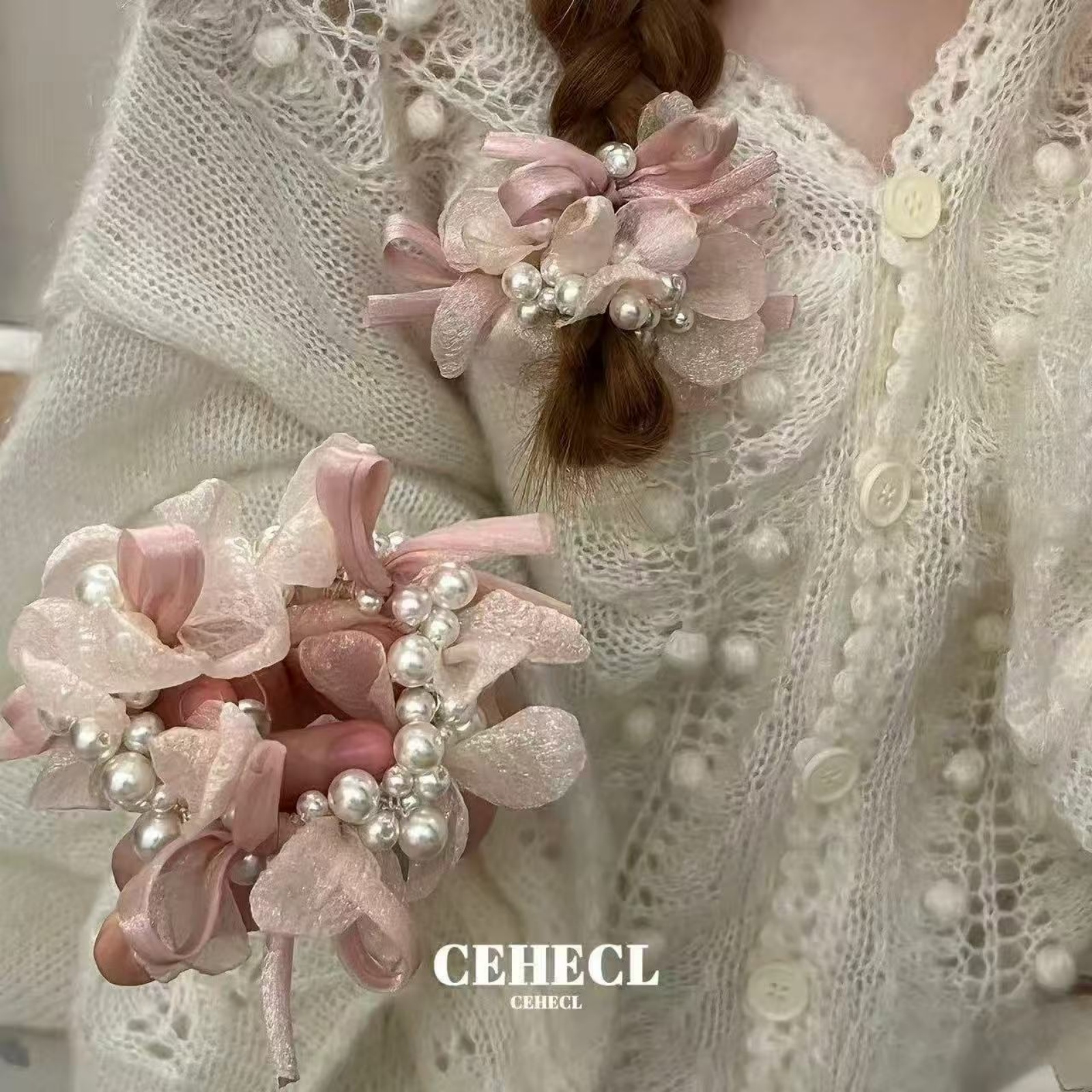 1PC Pink Floral Pearl Scrunchie, Elegant Sweet Flower Hair Tie, Romantic Pearl Hair Accessories For Women Wedding Daily Party