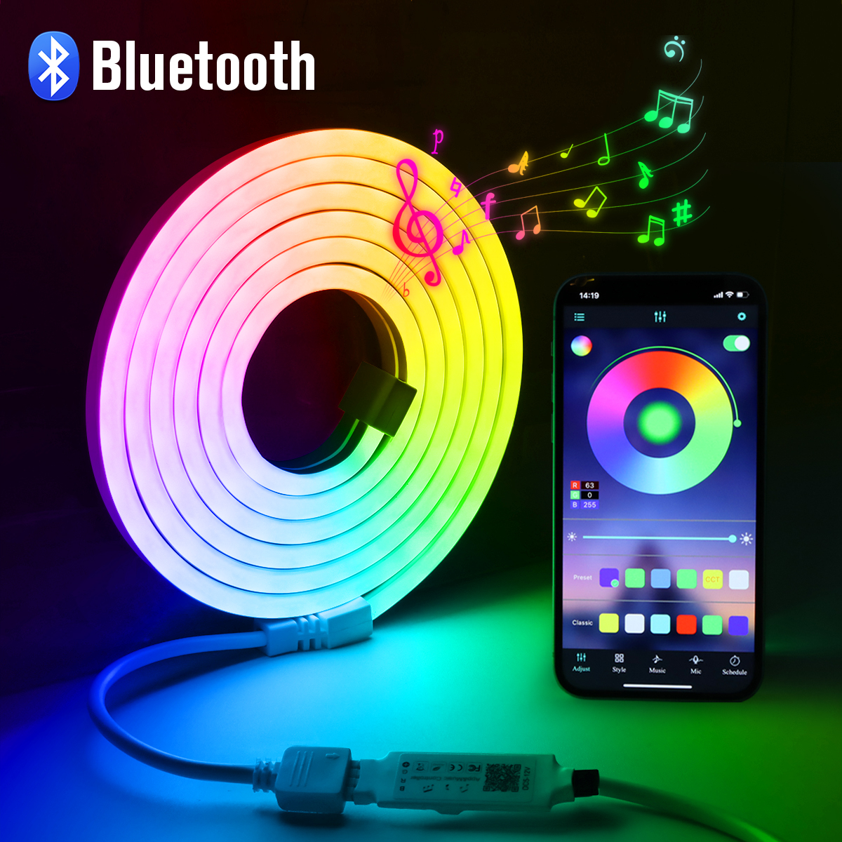 1M 2M 3M 5M RGB Neon LED Strip Light Bluetooth/IR Remote Control 5V Smart USB Silica Gel Tube LED Neon Light Room Decor Lamp lightify