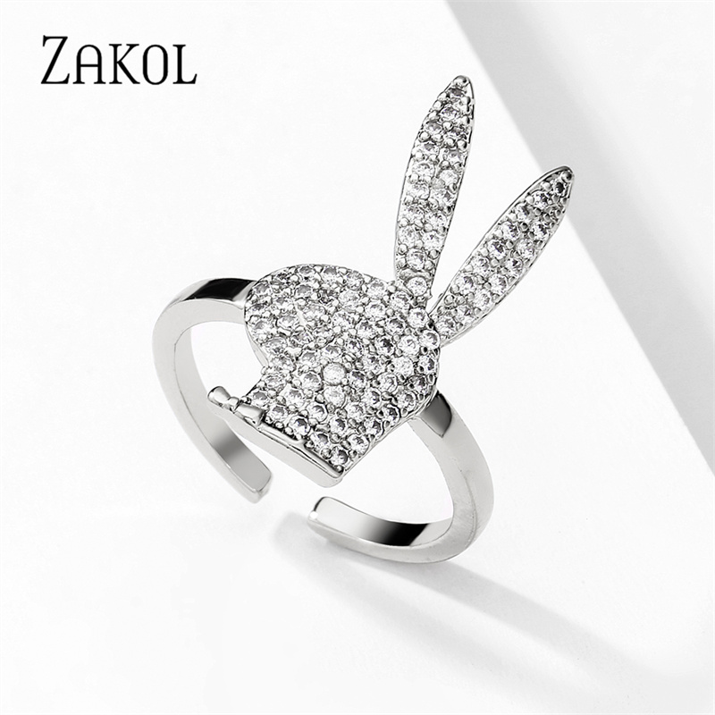 ZAKOL Cute Rabbit Open Rings for Women Fashion White Gold Color Party Jewelry 2023 New