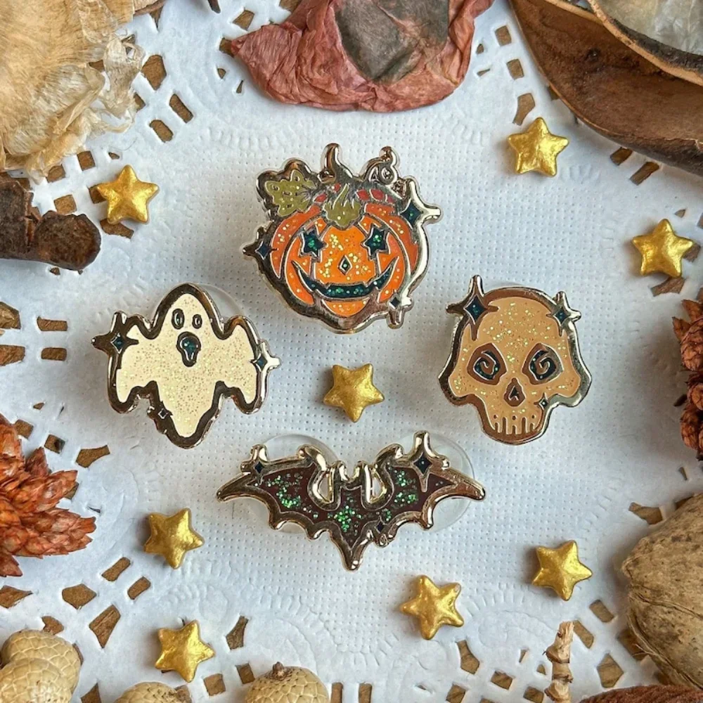 Halloween Glitter Pumpkin Enamel Pins Series SPOOKY FRIENDS Mini Badge Witchy Bat Ghost and Candy Corn Brooch