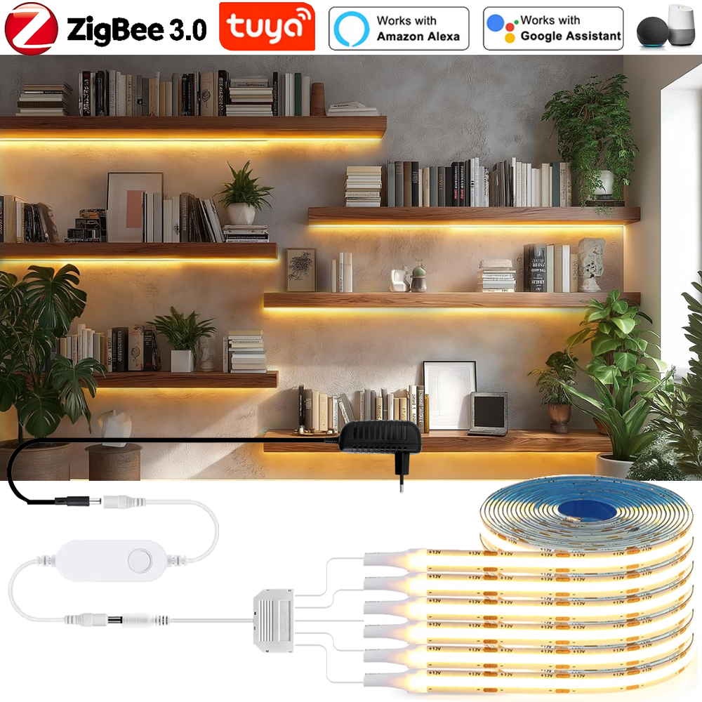 Tuya Zigbee 12V COB LED Strip Light 320LEDs/M Flexible Dimmable DIY Kitchen Lighting Cabinet Work with SmartThings Alexa/