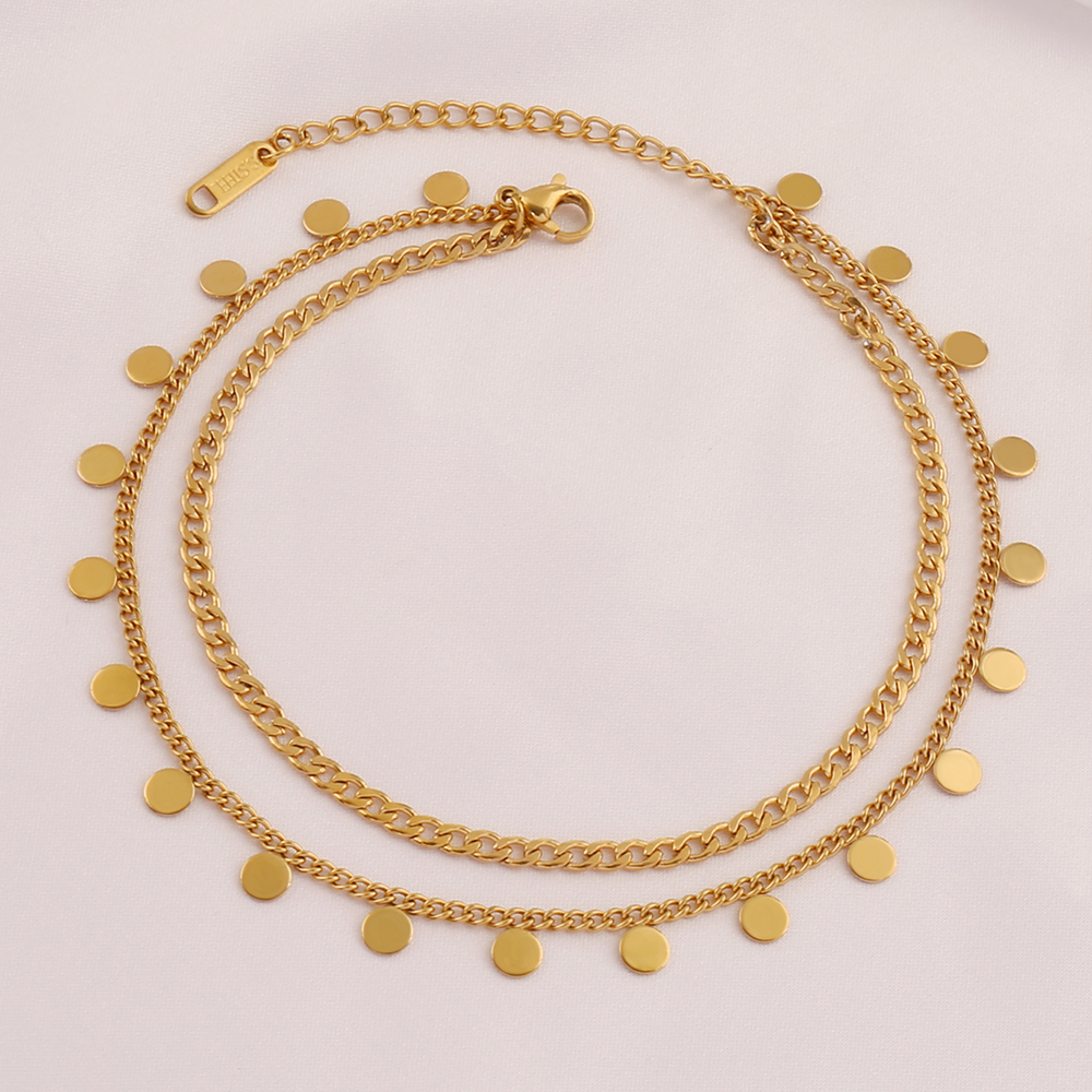 18K Gold Plated Stainless Steel Double Layer Chain Anklets For Women Tiny Coin Charms Ankle Bracelets On Foot Female Jewelry