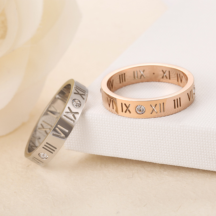 JeeMango Titanium Steel Mosaic Cubic Zirconia Crystal Roman Numeral Ring Classic Engagement Wedding Rings For Women R17158