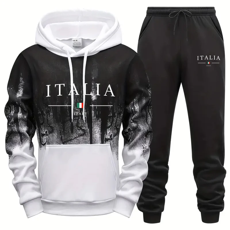 Autumn Winter Mens Tracksuit Jogging Sweatpants 2 Piece Set Sport Zipper Jacket+Running Trousers Suit Casual Printing Clothing