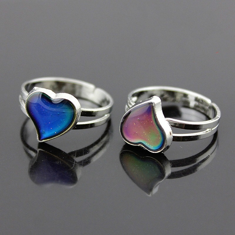 1Pcs Big Love Heart Mood Color Changing Silver Heart Shaped Mood Ring Adjustable Rings for Women 2023