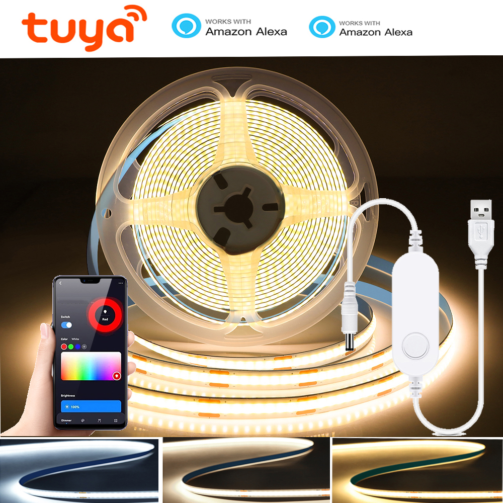Tuya Zigbee 3.0 5V USB COB LED Strip Light 320leds/m Warm White Flexible Dimmable Lights Kitchen Bedroom Decor for Alexa