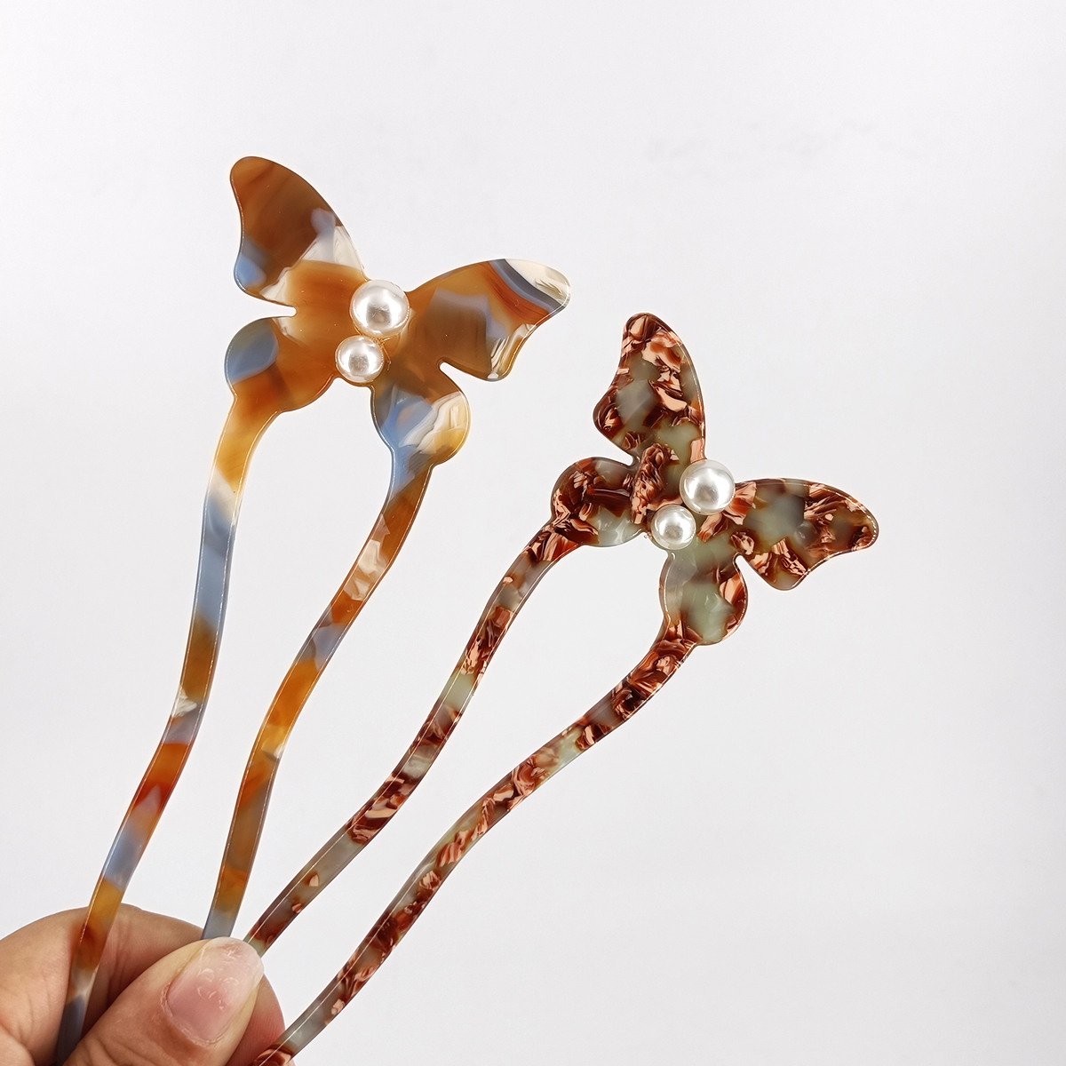 New Style Butterfly Pearl Acetate Hairpin Hair Sticks for Women Girls Vintage Sweet U-shaped Hair Clasp Updo Headdress