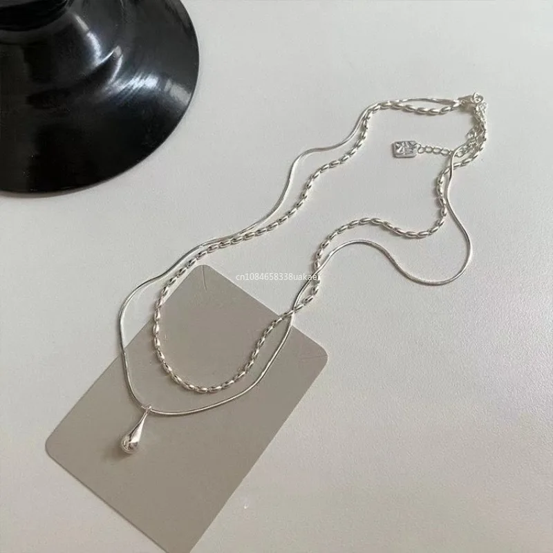 New Silver Simple Design Drop Pendant Necklace for Women Double Collar Chain Fashion Fine Jewelry Long Layered Necklace
