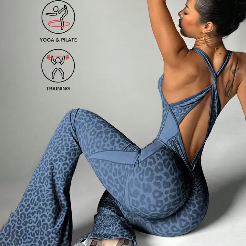 New Leopard Print Bodysuit Women Seamless Flared Pants Jumpsuits One-piece Fitness Suit Cross Back Stretchy Yoga Jumpsuits