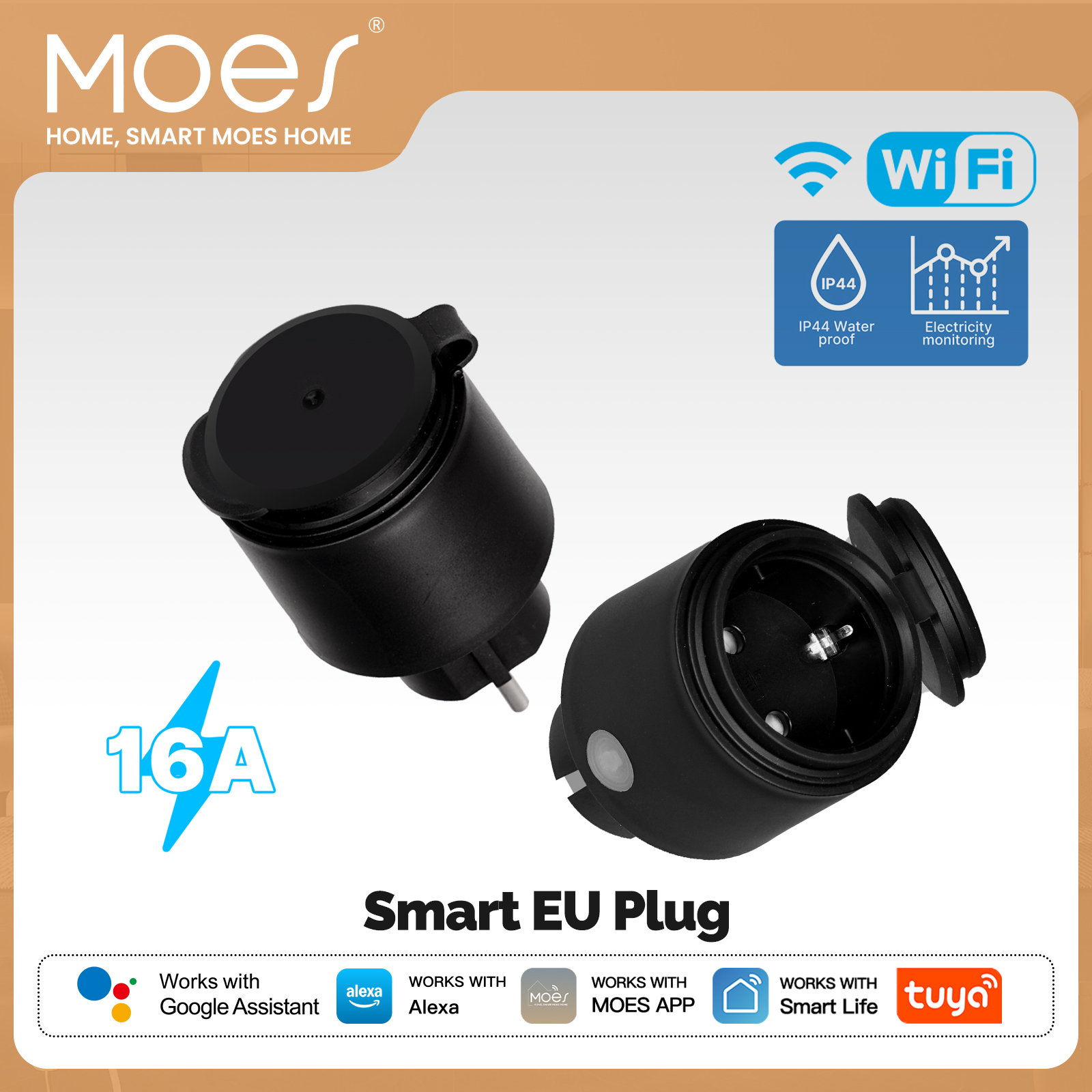 MOES WiFi Smart Plug Tuya 16A EU Socket Outdoor Waterproof with Energy Monitor Works with Alexa Home